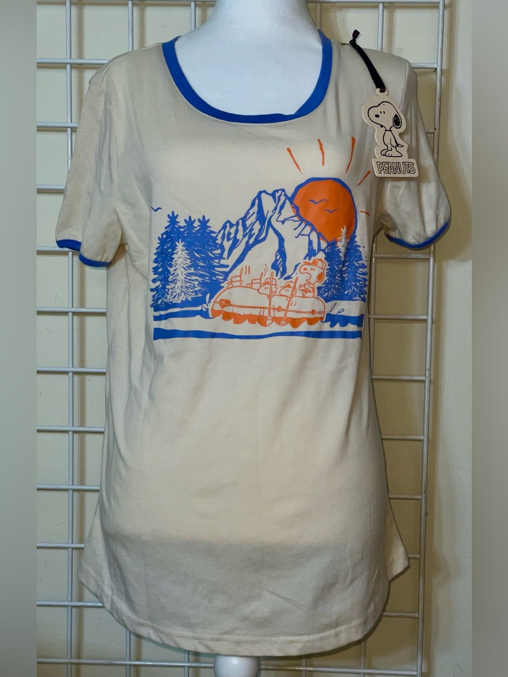 Peanuts Cream Ringer Tee with Blue & Orange Mountain Snoopy Graphic